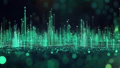 Poster - A cityscape made of glowing green data points and lines