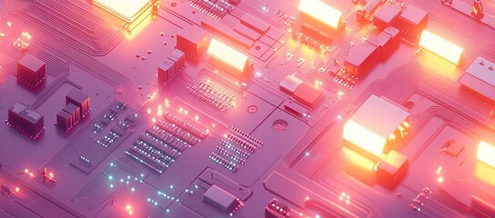 Poster - illustration of an isometric aerial view of a circuit board with glowing components and bright light bulbs
