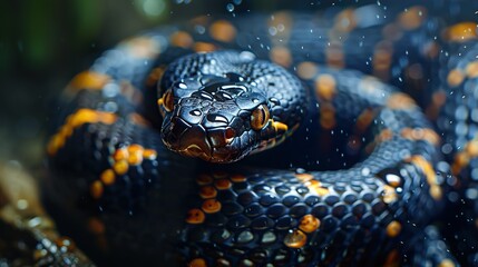 Poster - Close-Up of a Black Snake with Water Drops