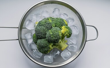 Fresh broccoli in sieve with ice. Healthy cooking preparation