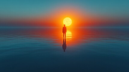 Canvas Print - A lone figure stands in calm waters, gazing at a vibrant sunset.