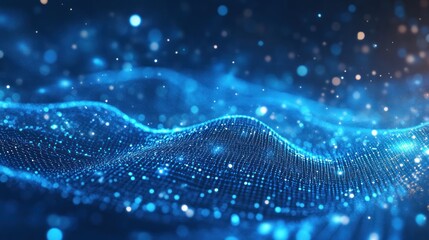 Poster - Abstract digital landscape with glowing particles and waves, representing data visualization.