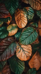 Wall Mural - A close-up of autumn leaves in various colors, showcasing the rich textures and intricate patterns that symbolize fall's beauty