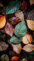 Wall Mural - A close-up of autumn leaves in various colors, showcasing the rich textures and intricate patterns that symbolize fall's beauty