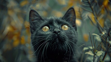 Wall Mural - Close Up Portrait of a Black Cat with Striking Eyes