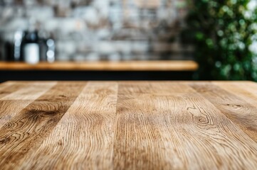 Poster - Empty wooden tabletop with blurred kitchen background