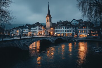 A beautiful view of the city center and river in Switzerland, with illuminated buildings