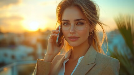 Wall Mural - a portrait of businesswoman standing on terrace making phone call