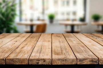 Poster - Empty wooden tabletop with blurred restaurant background