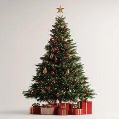 decorated christmas tree with gift boxes standing in a bright interior