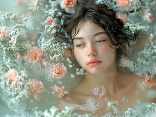 Wall Mural - Woman Relaxing in a Bath with Flowers