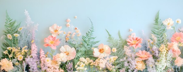 Wall Mural - A whimsical arrangement of pastel-colored wildflowers and ferns