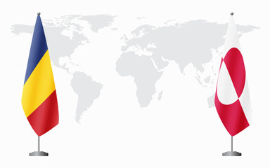 Romania and Greenland flags for official meeting against background of world map.