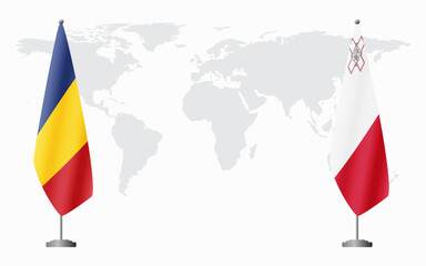 Romania and Malta flags for official meeting against background of world map.