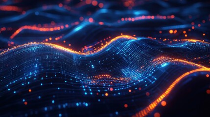 Poster - Abstract digital waves with glowing particles, representing data flow and technology.