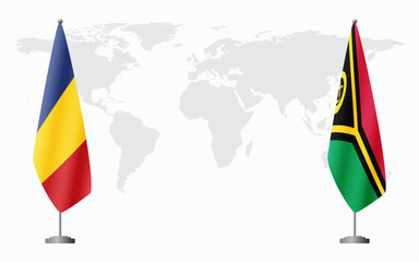 Romania and Vanuatu flags for official meeting against background of world map.