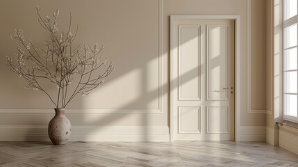 Poster - A 3D rendering of a room interior features a beige wall with a door and a vase with a branch, creating a simple yet elegant background