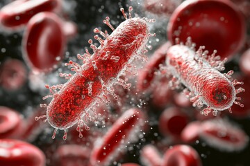 Poster - A close-up, detailed image of a bacterium interacting with surrounding blood cells, capturing the dynamic and vibrant interactions within a biological system.