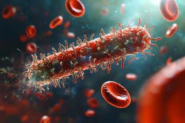 Poster - A vivid, dynamic view of a red-tinted bacterium interacting with surrounding blood cells, offering a glimpse into the microscopic world and its complexities.