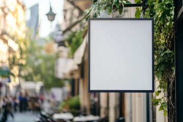 A blank square street sign framed by hanging greenery in a bustling city street, capturing the vibrant urban lifestyle and offering space for branding.