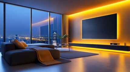 Poster - A modern living room with a large, wall-mounted TV, sleek furniture, and soft lighting, perfect for a home theater experience.