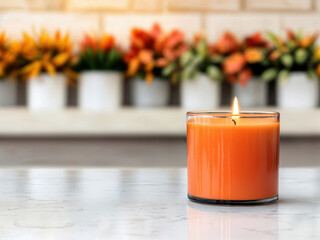 Aufkleber - Burning orange scented candle on empty table with flowers background