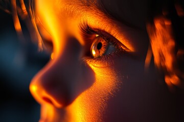 Poster - A stunning close-up of a child's eye captures the intricacies of the iris, illuminated by warm sunlight, creating a mesmerizing play of colors and reflections.