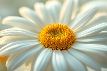 Poster - Macro photograph of a daisy with focus on its detailed yellow center and surrounding white petals, depicting nature's intricate design and floral allure.