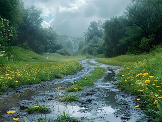 Poster - Rainy Forest Path: A Serene Landscape