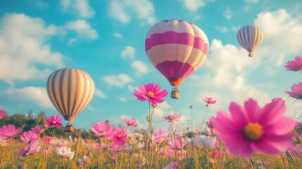  Hot Air Balloons Soaring Over a Field of Pink Flowers