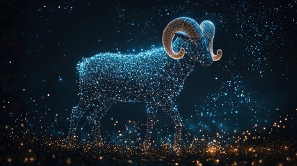 An astrological ram icon depicted in a starry digital universe, combining the symbolic power of astrology with the creative depth of virtual artistry.