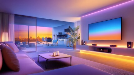 Poster - Living room with a TV and sound system, modern seating, and ambient lighting, creating a perfect space for watching sports or movies.