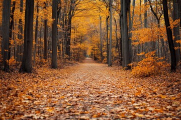 Poster - A serene woodland pathway during autumn, lined with tall trees and blanketed by vibrant orange leaves, creating a peaceful and picturesque scene in nature.