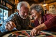 © ChaoticMind - An elderly couple shares a joyful moment playing a dart game in a cozy setting. Their laughter and happiness reflect a deep bond and the beauty of enduring love.