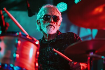Poster - An elderly drummer in sunglasses performs with zeal on stage under vibrant lighting. His energy and passion for music captivate the audience and inspire creativity.