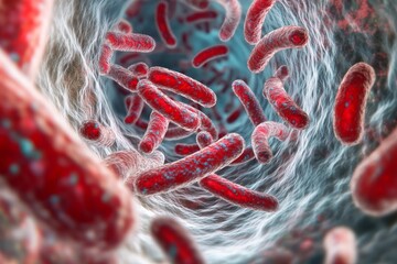 Poster - An abstract and microscopic view of red bacteria within a swirling microenvironment, showcasing the intricate beauty and complexity of microscopic life forms.