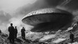© Vladyslav Tykhonov - History's photo officers Inspect UFO crashed on the ground, the ground is turned around from the fall, ultra realism, historical authenticity, monochrome