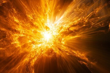 Poster - A radiant fiery explosion in a dark cosmic space, displaying intense energy and brilliant light in breathtaking detail, symbolizing cosmic birth and beauty.