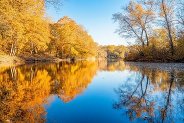 Poster - A breathtaking scene where the vivid autumn foliage perfectly reflects in the calm waters of the river, capturing the essence of nature’s beauty and artistic harmony.