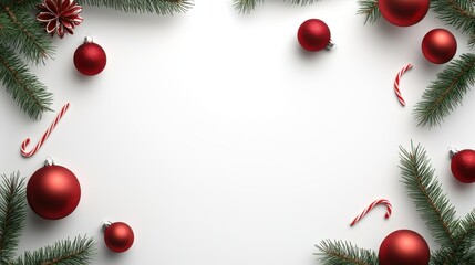 Poster - Transparent Christmas frame with a border of green fir branches and red baubles, creating a festive holiday accent.