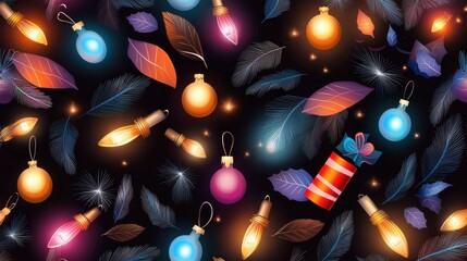 Poster - Vibrant holiday pattern featuring Christmas lights, baubles, and gifts, arranged in a bright, colorful design.