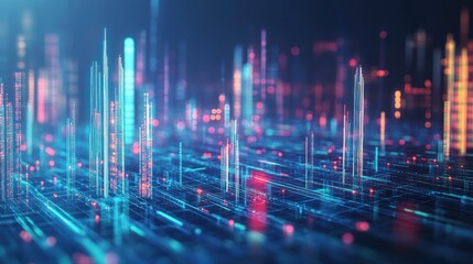Poster - Abstract digital landscape with vibrant light patterns representing data and technology.