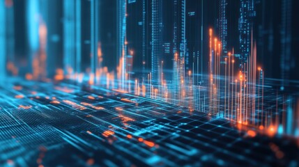 Poster - Abstract digital landscape with glowing data visualizations and lines of code.