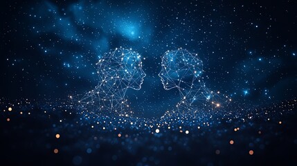 Abstract digital portrayal of two human profiles created with stars and lights, facing each other, signifying cosmic connection and infinite possibilities.