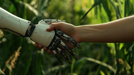 Poster - Human and robot shaking hands in a farm setting, illustrating AI-powered technology meeting traditional farming methods for sustainable development