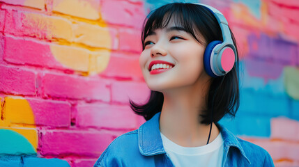 Wall Mural - Side look of asian woman with blue headphones on colorful wall