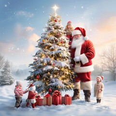 Wall Mural - Magical Winter Scene with Santa and Christmas Tree