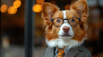 Wall Mural - dog in suit pet is dressed up in humorous stylish suit complete with tie for intellectual look trendy dog clothing for funny humor dog with glasses ,colorful costume