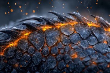 Close-up of dragon scales, glowing with fiery molten energy beneath armored layers, suggesting warmth, power, and mythical presence in a fantasy realm.