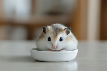 Poster - An innocent-looking hamster sits adorably in a minimalistic white dish, providing a soft and serene focal point amid the simplicity of the setting.